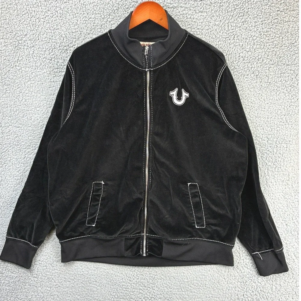 True Religion Big T Velvet Mock Zip Up Jacket Mens L Black Contrast Stitch Y2K
